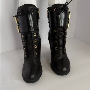 Guess Black Lace-Up Combat Boots with Gold Hardware